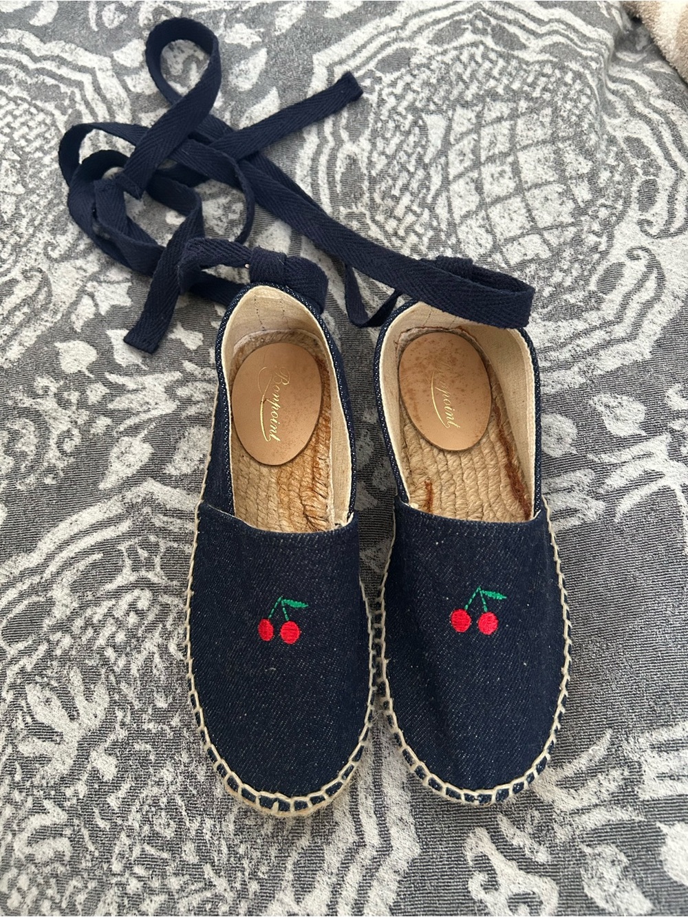 BONPOINT CERISE Espadrille SANDALS SZ EU 32 Cherry Dark Denim Lace Up Big Girls